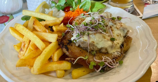 Ein Teller mit Schnitzel, Pommes, frischem Salat und Gemüse.
